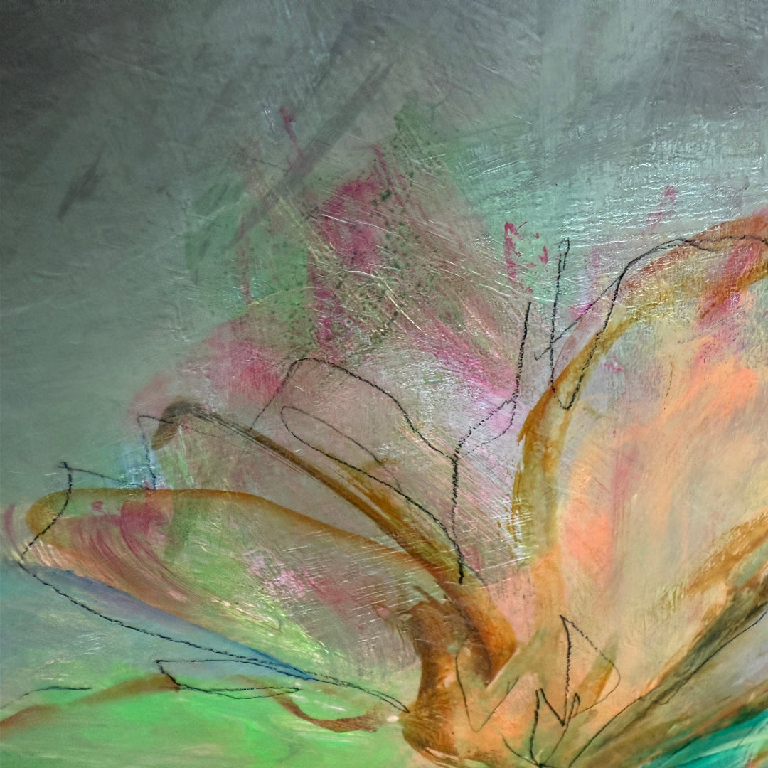 Abstract painting of a flower with pastel colors on a textured background