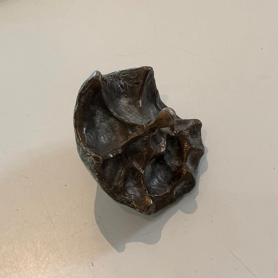 Underneath agreenish-brown cast bronze half eaten apple sculpture on a beige background