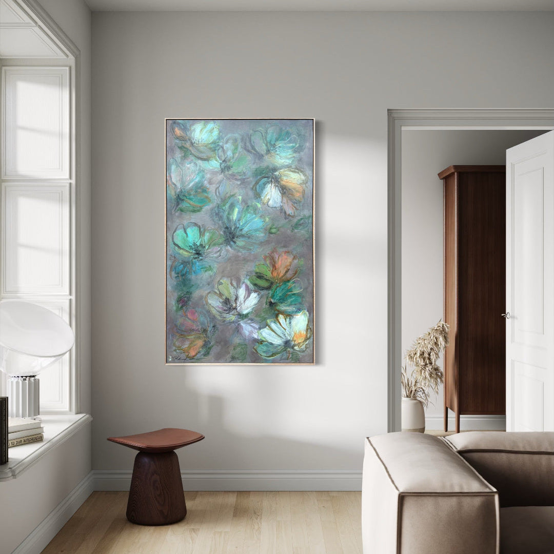 Abstract painting on a wall in a modern living room