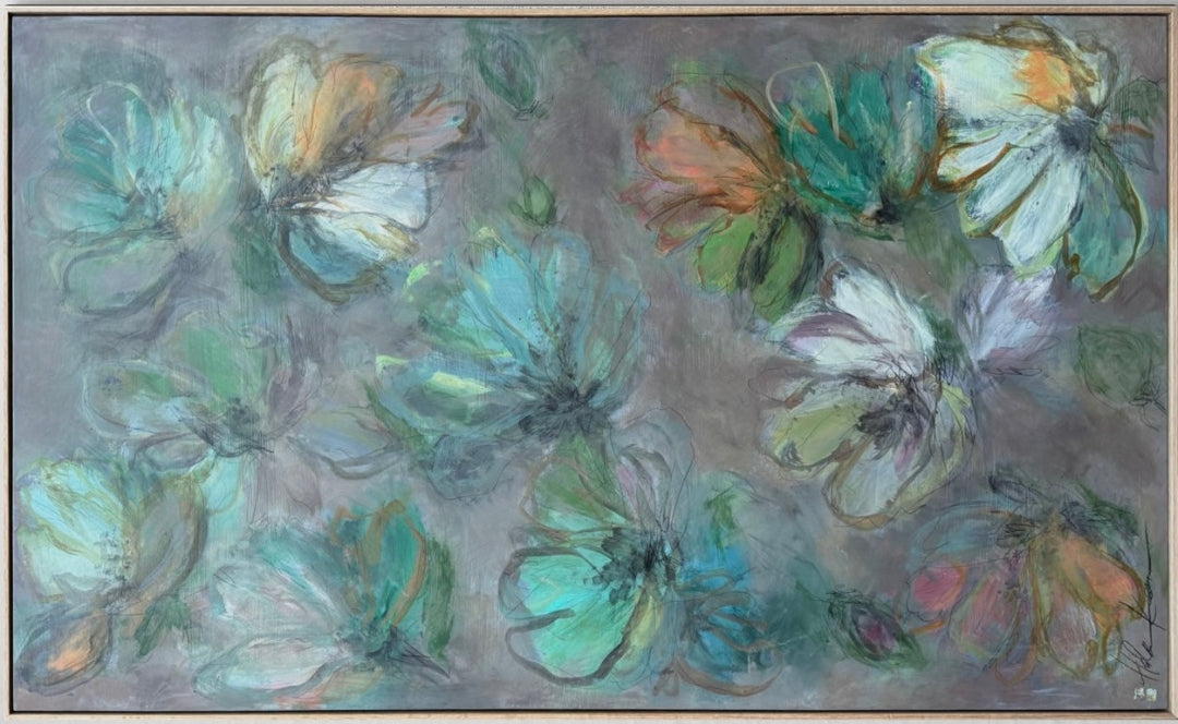Painting of flowers with a focus on green and white tones on a textured background.
