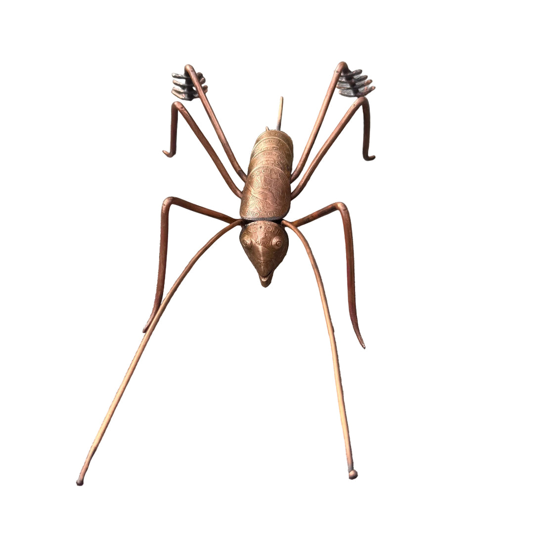 Copper Weta sculpture on a white surface