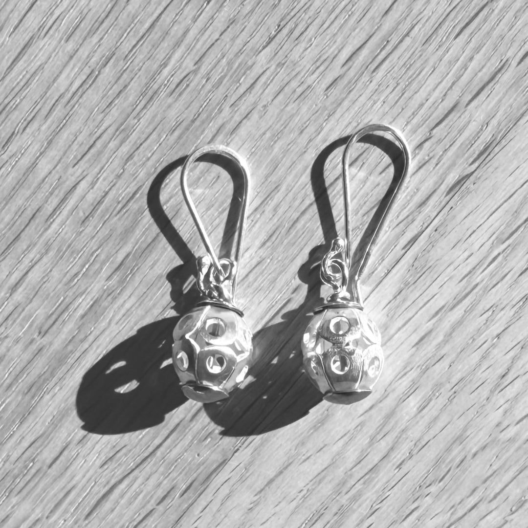 Pair of silver earrings on a wooden surface