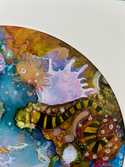 Colorful underwater scene with sea creatures on a white background