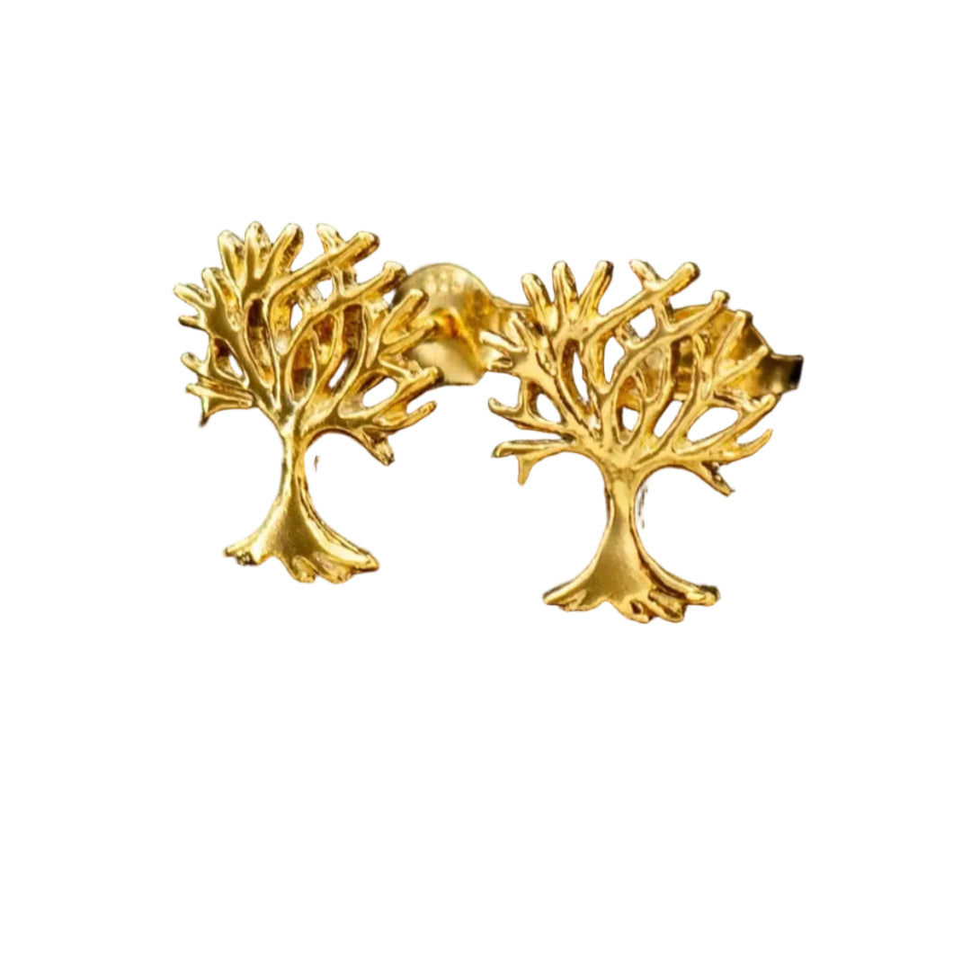 Gold tree-shaped earrings on a white background