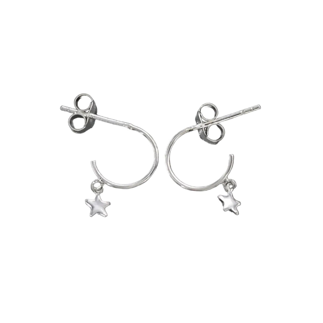 Silver hoop earrings with star charms on a white background