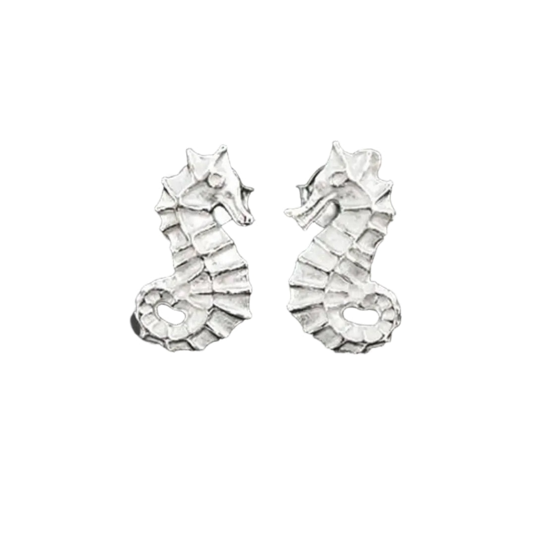 Silver seahorse earrings on a white background