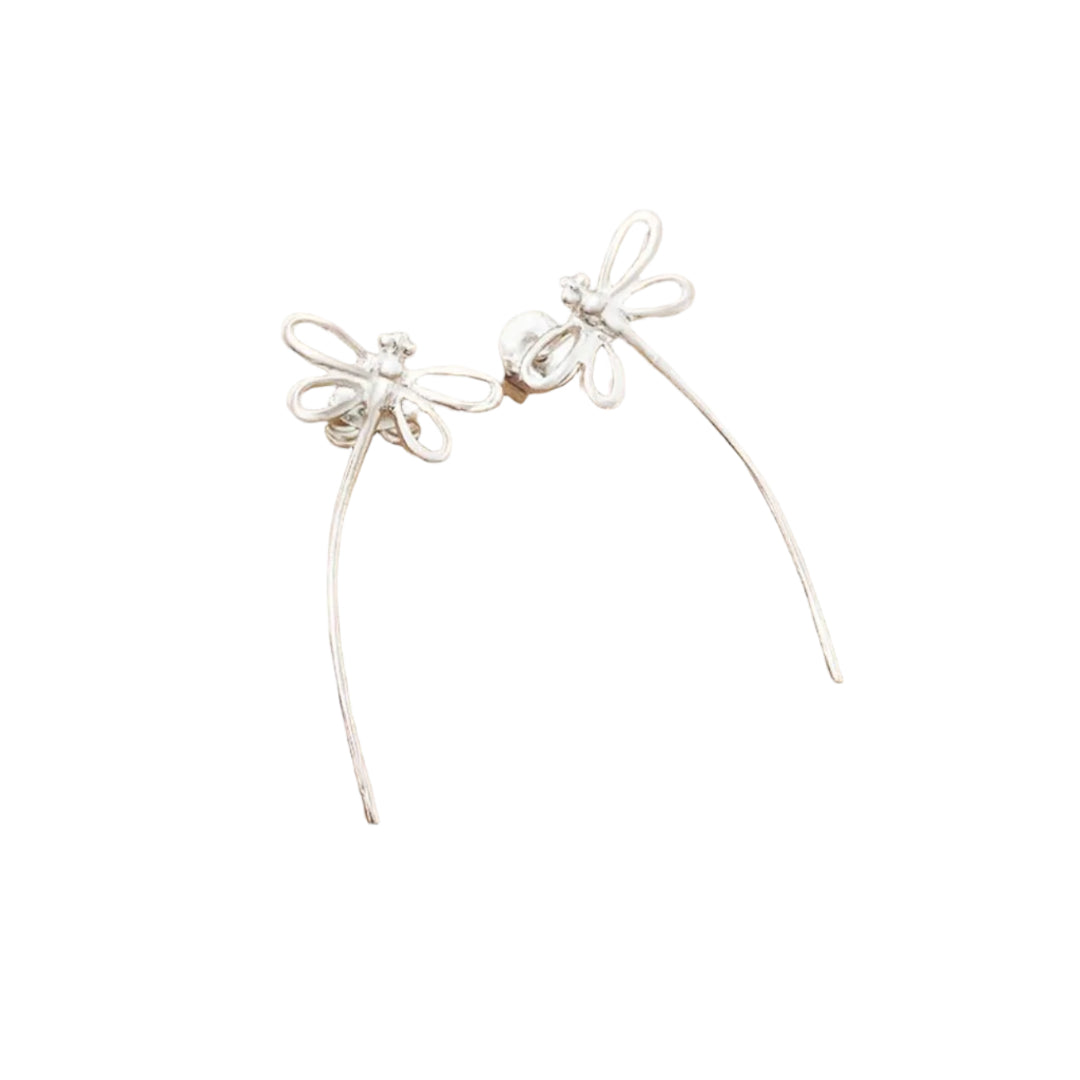 Pair of silver dragonfly earrings on a white background