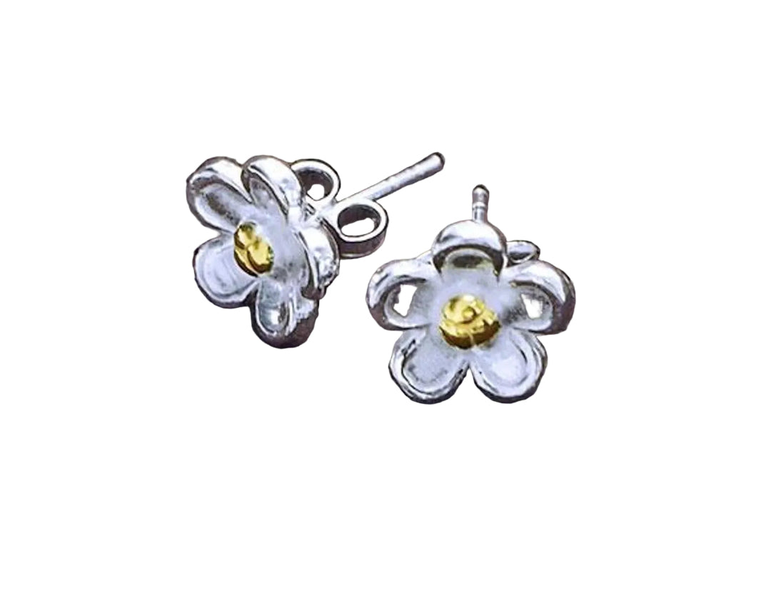 Flower-shaped stud earrings with gold centers on a white background