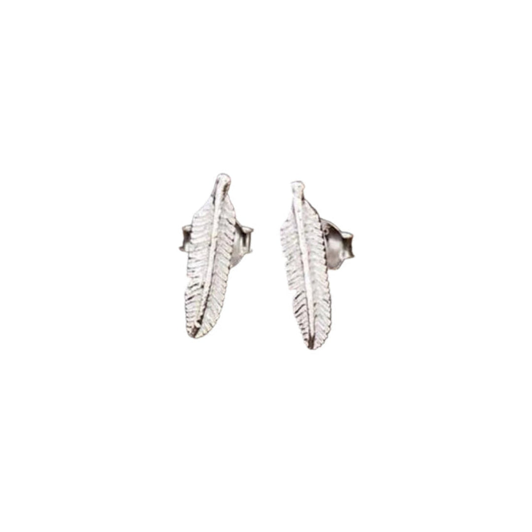 Silver feather-shaped stud earrings on a white background