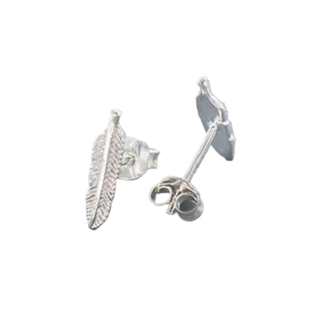Silver feather-shaped stud earrings on a white background
