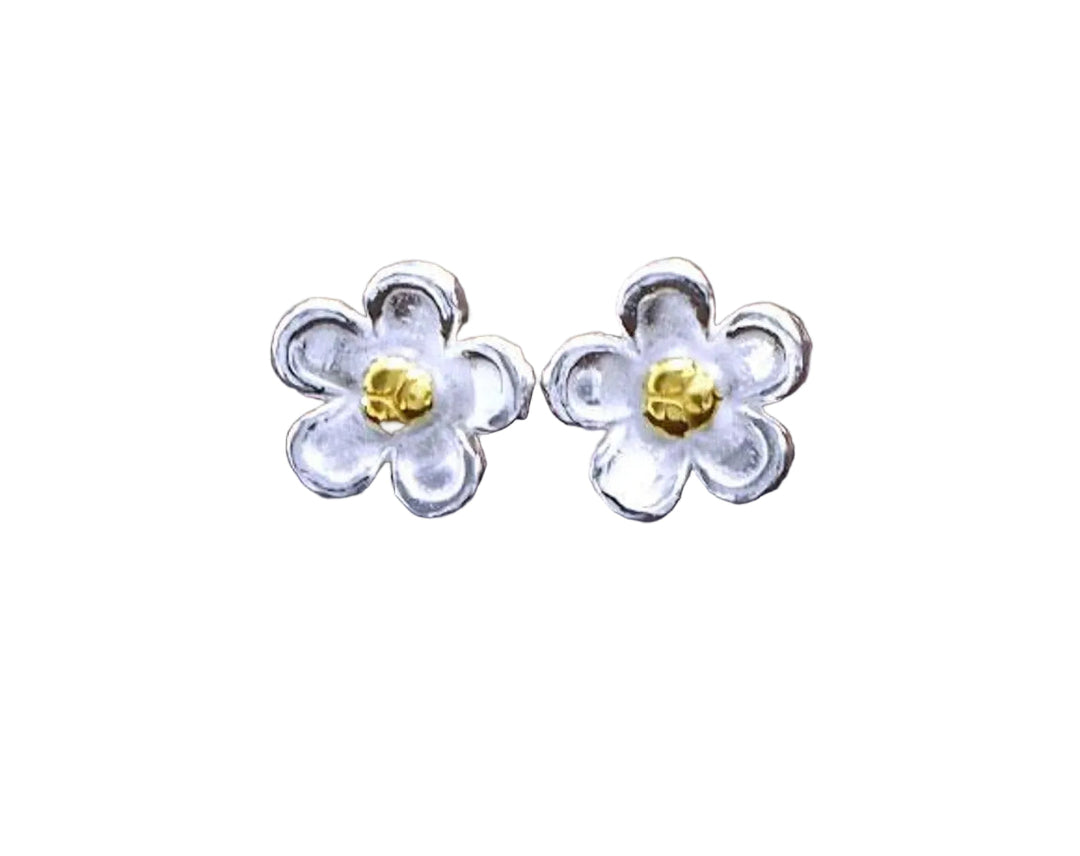Flower-shaped stud earrings with gold centers on a white background