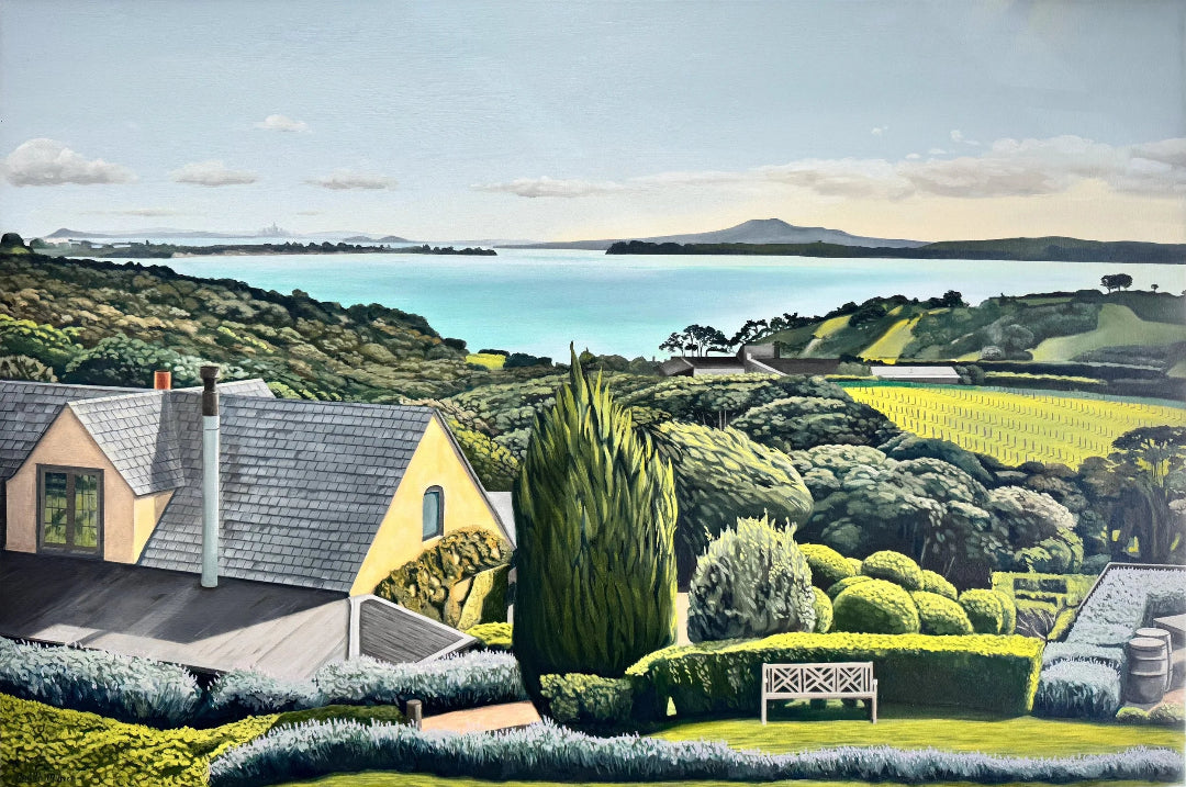 A scenic landscape painting featuring a coastal bay with blue water, distant islands, green hills, a house with a gray roof in the foreground, manicured hedges, a bench, and a tall central cypress tree.