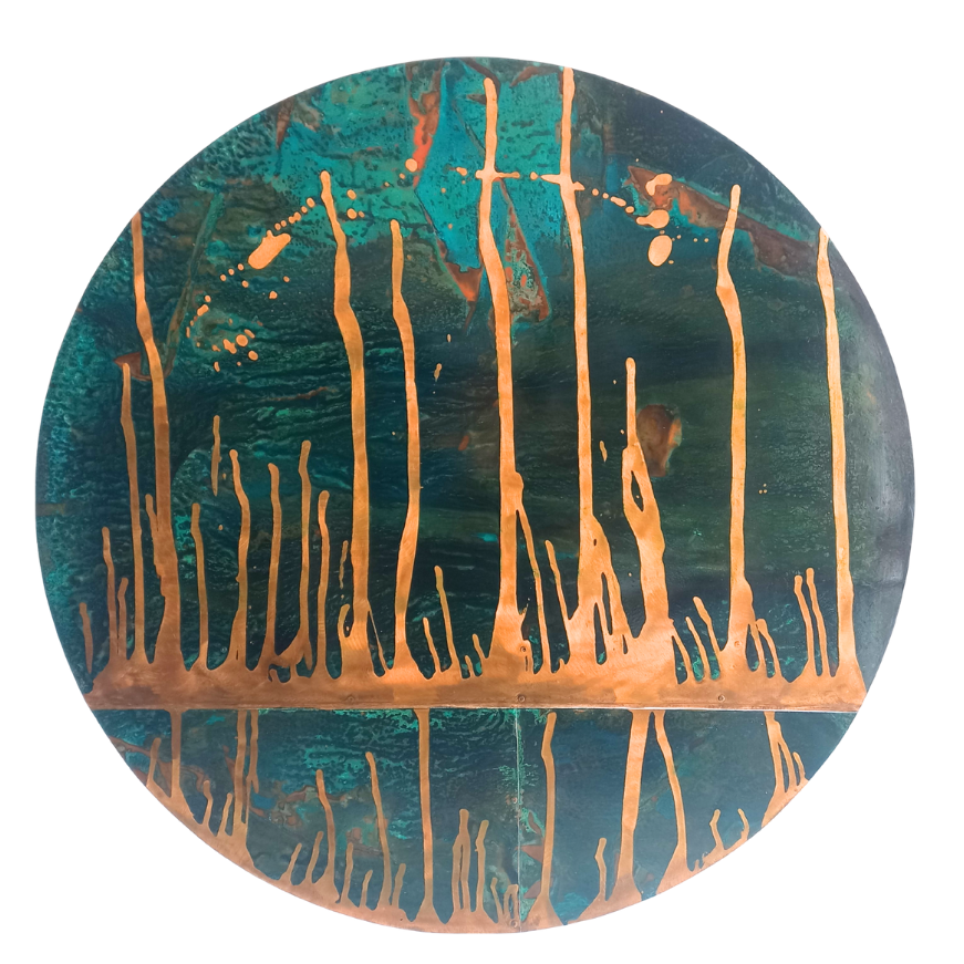 Round decorative copper wall art with teal and gold abstract pattern on a white background