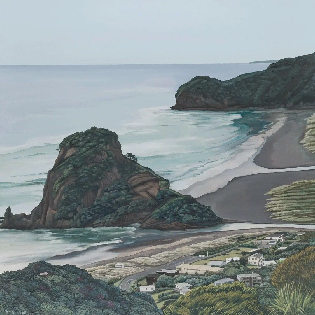 A coastal landscape painting showing a beach cove with rocky outcrops, pale blue-green water, dark sand, and small houses near the shoreline under a muted sky.
