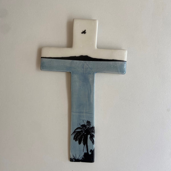 Ceramic Cross Rangitoto And Tree by Frankie Harker