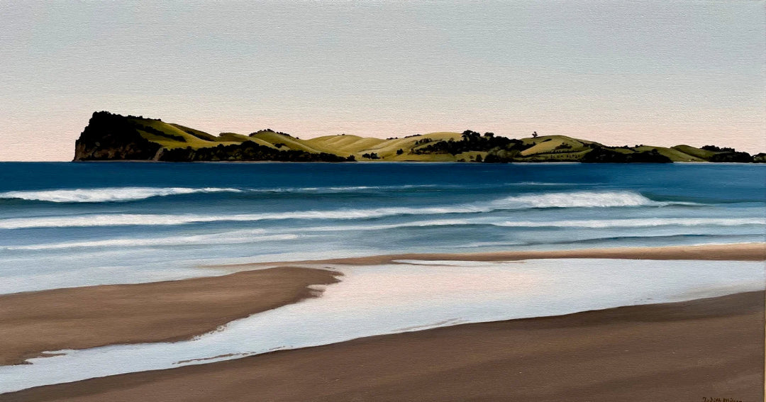 A landscape painting of a beach scene with blue ocean waves, wet sand reflecting the sky, and green hills under a pale sky in the distance.