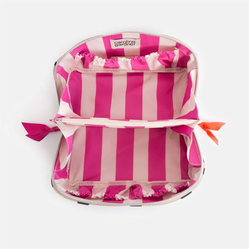 Inside a pink and white striped lined toilet bag with elasticated pockets on a white background