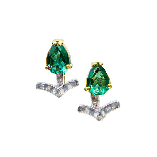 Pair of earrings with green gemstones on a white background