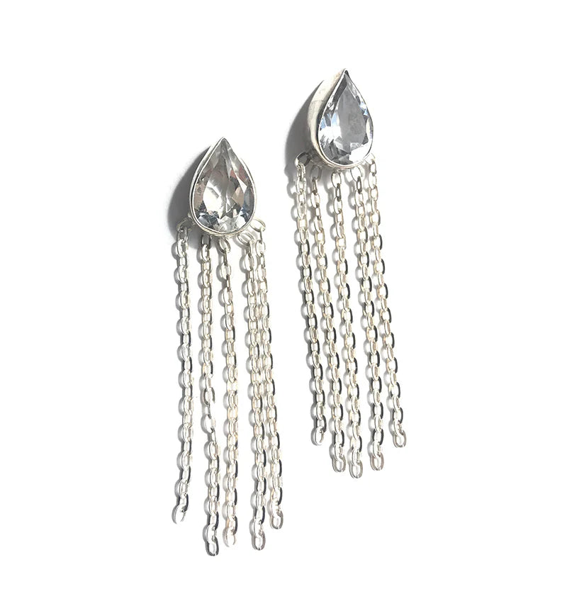Pair of silver teardrop earrings with chain drops on a white background