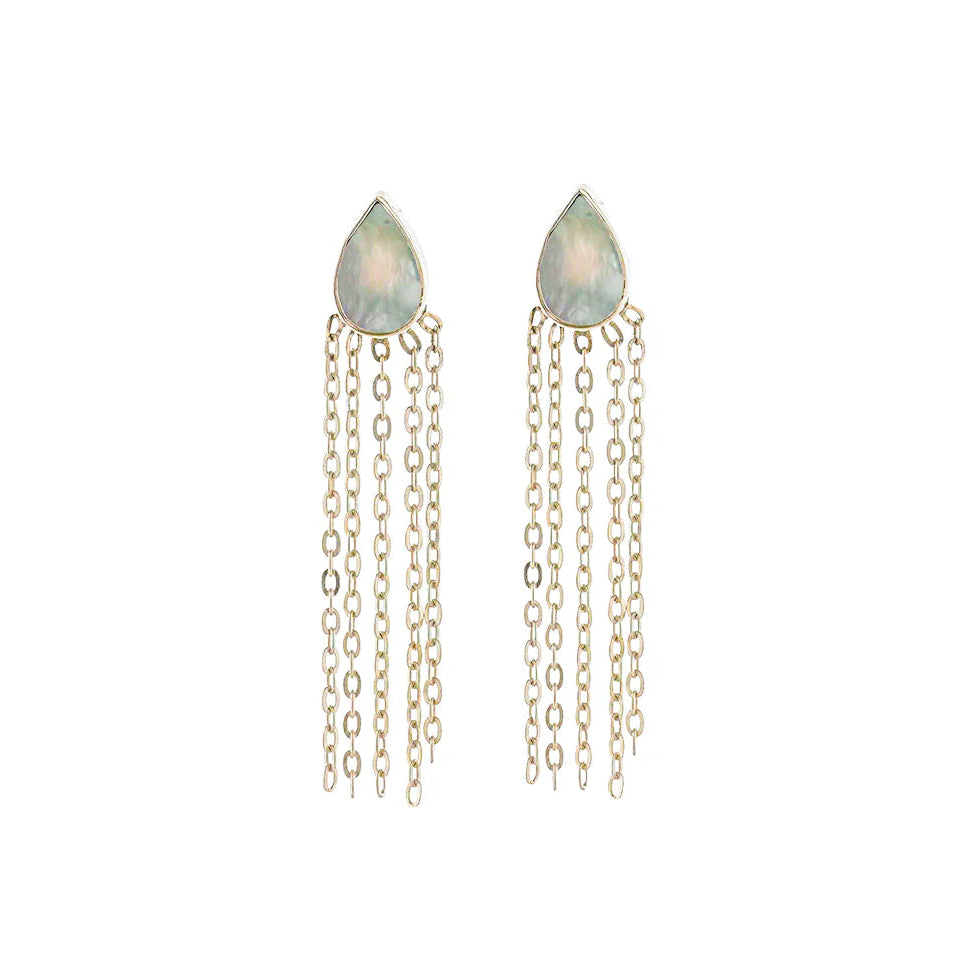 Teardrop-shaped earrings with chain details on a white background