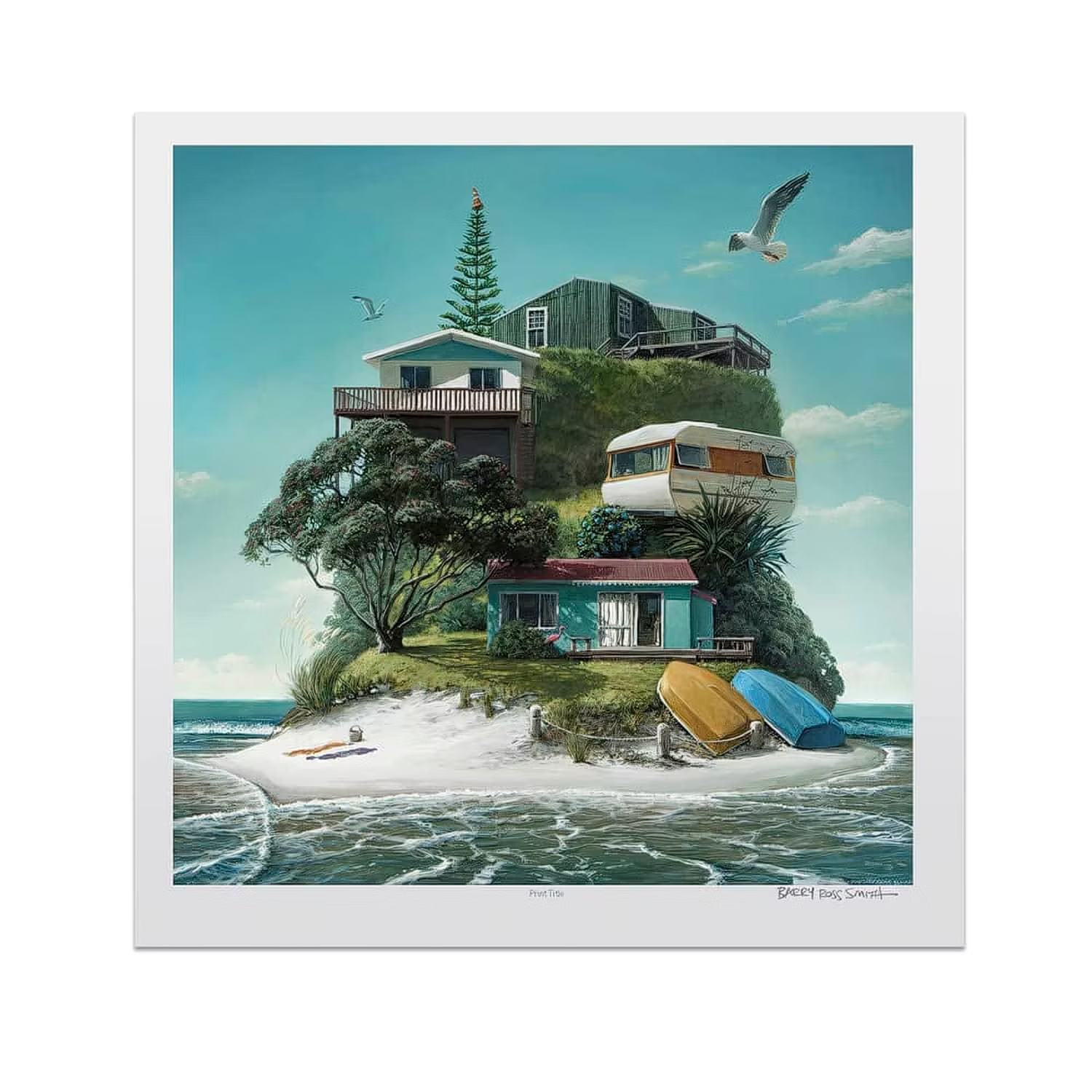 Collage of a house on a small island with trees and a seagull in the sky.