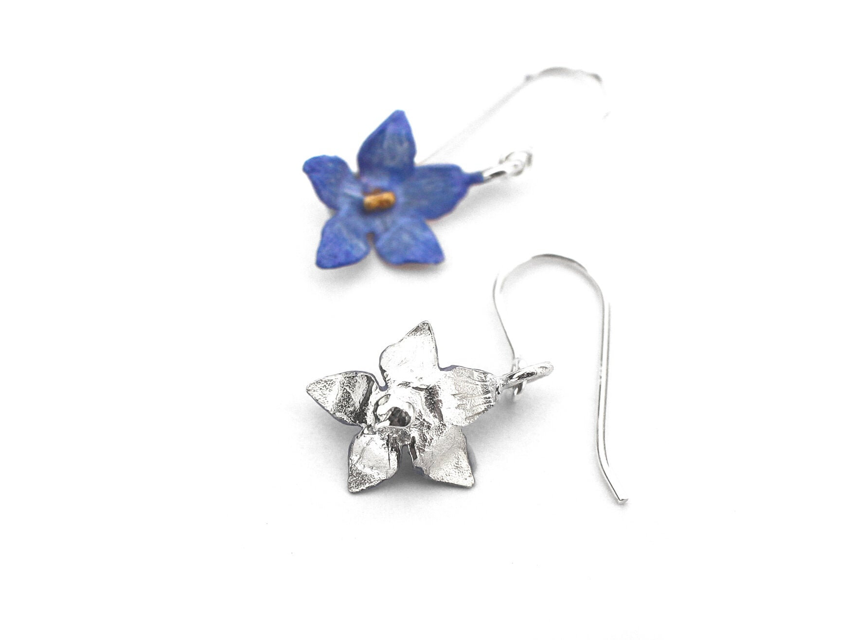 Silver back of blue flower-shaped earrings on a white background