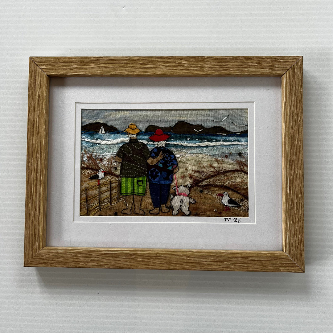 Little Wimsies Textile Art | Couple with Dog at Beach by Tilly Mcleod