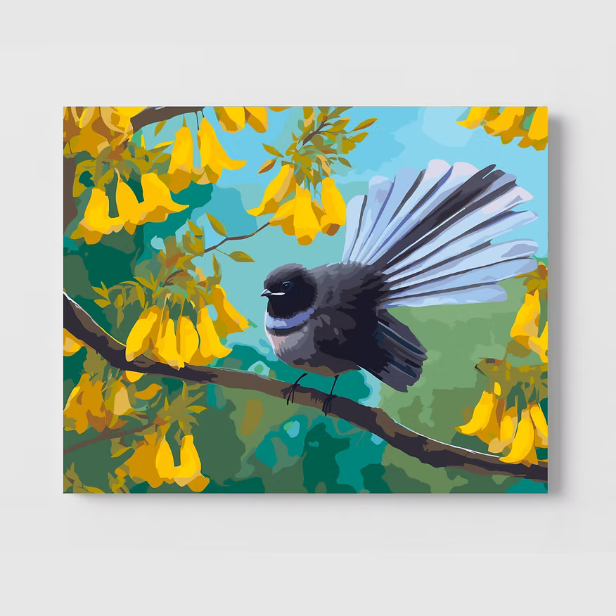 Painting of a bird perched on a branch with yellow flowers against a blue sky.