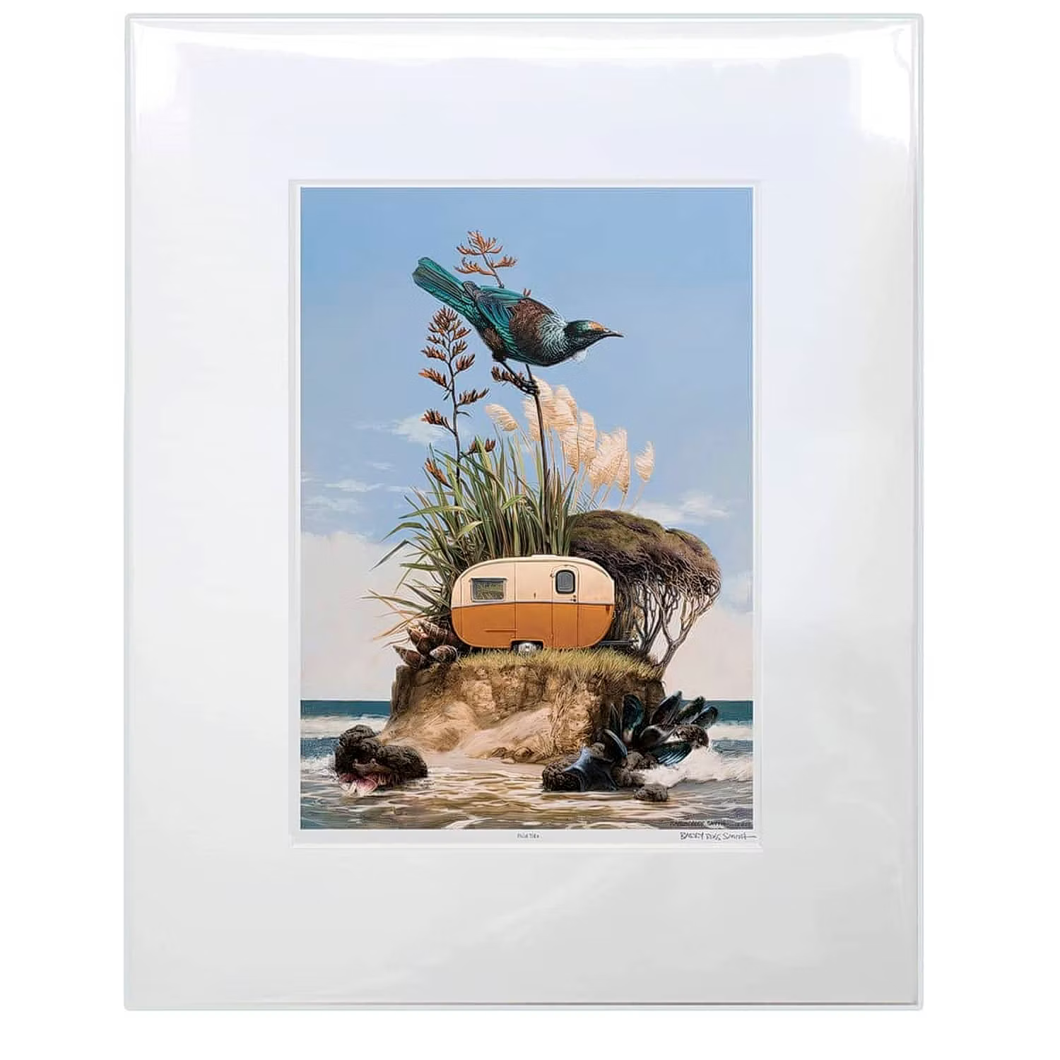 Fine art matboard print of a bird perched on a branch with a small camper on a rock in the water.
