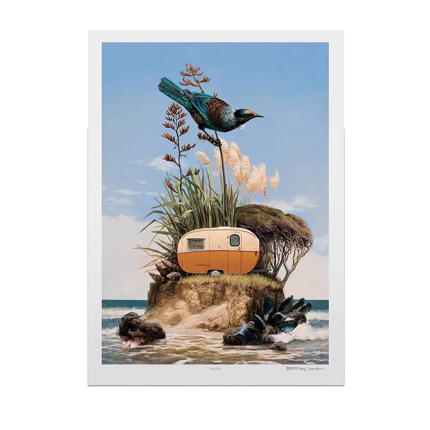Fine art print of a small caravan on a rocky outcrop with a bird and plants, set against a blue sky.