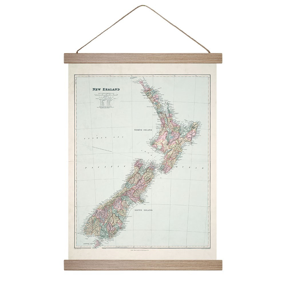 Map of New Zealand on a wooden frame with a hanging mechanism
