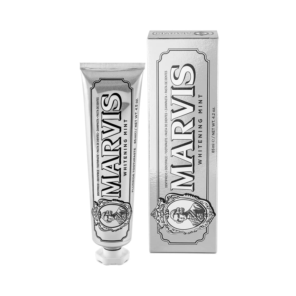 Marvis Whitening Mint toothpaste tube and packaging on a white background