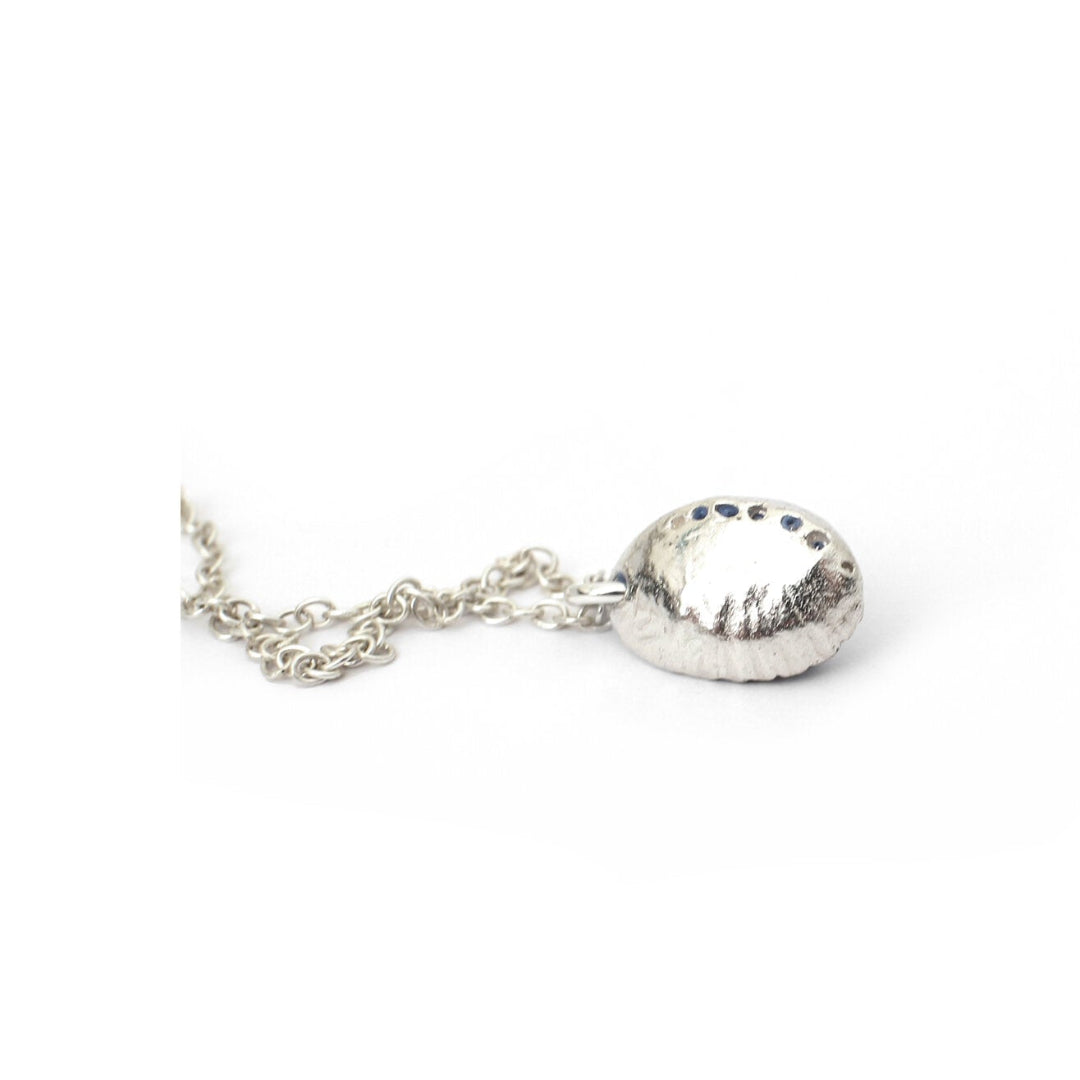 Silver back of Paua Shell pendant necklace with a silver chain on a white background