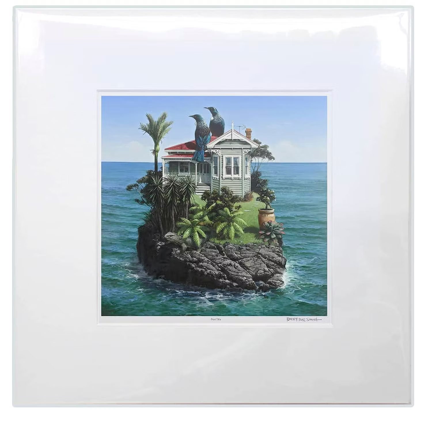 Matboard artwork of a house on a rock with birds perched on it, surrounded by ocean.