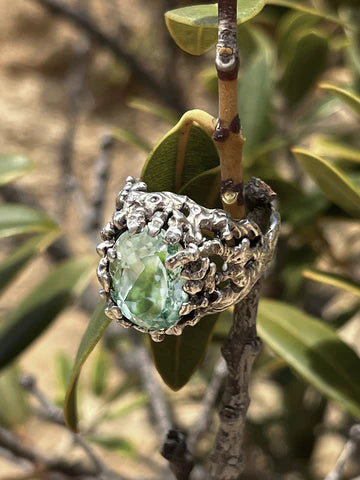 Coral Gemstone Ring Green Amethyst