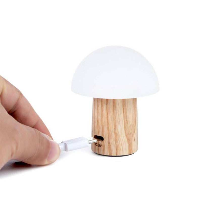 Small lamp with wooden base and white shade being plugged in by a hand on a white background