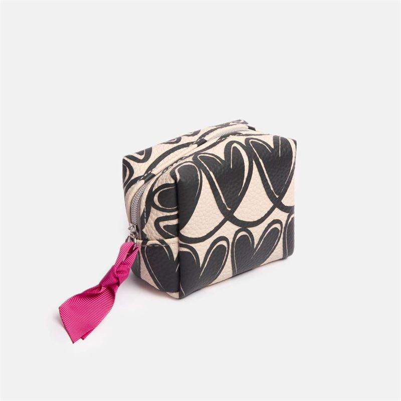 Small cosmetic bag with black heart  pattern and pink ribbon on a white background