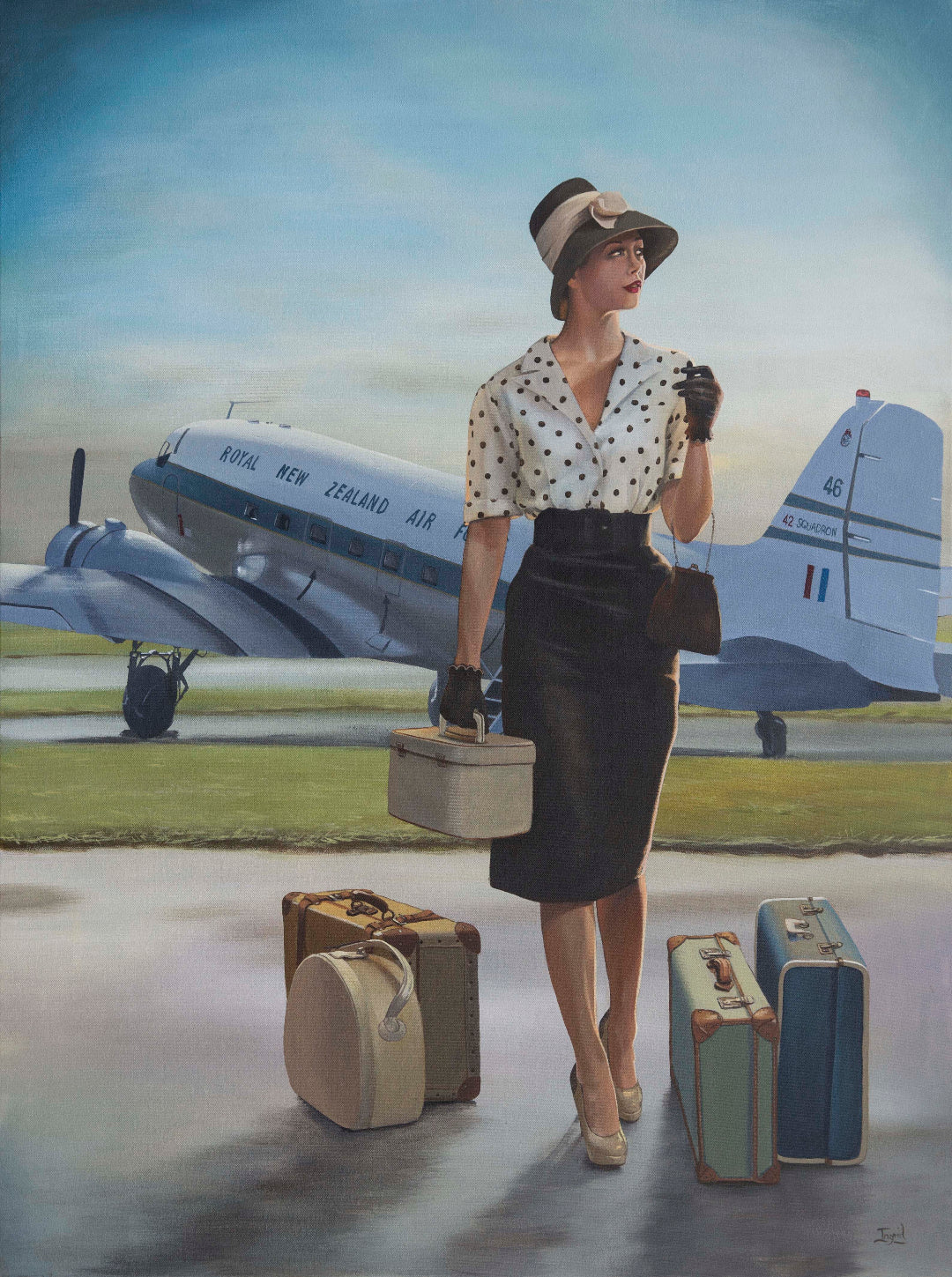 Woman with luggage standing in front of a vintage airplane on an airport tarmac.