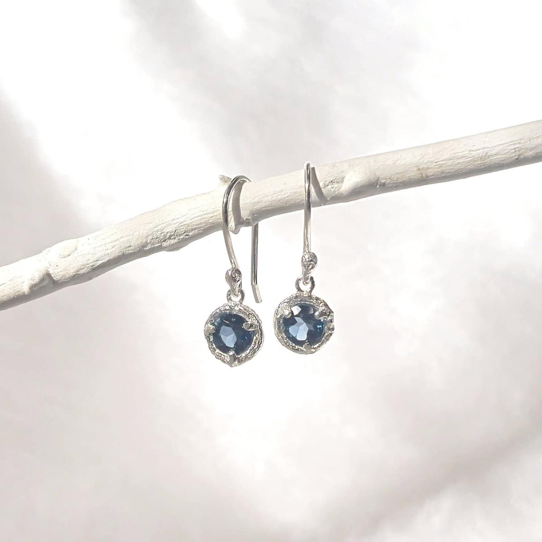 Silver earrings with blue gemstones on a white branch against a white background