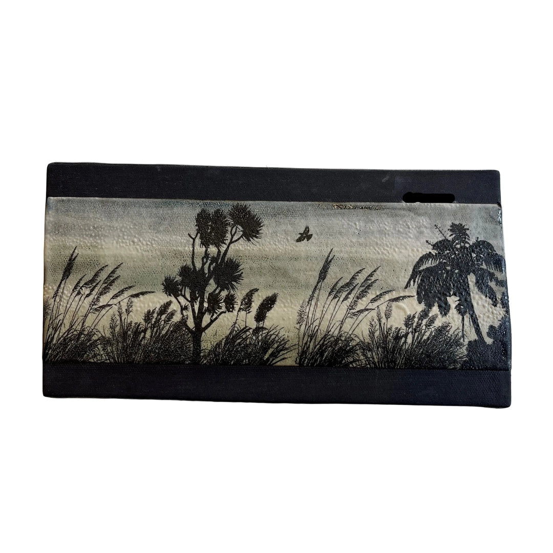 Black Clay Wall Tile | Tui Above Native Bush | Large