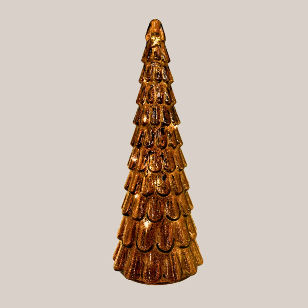 Bronze Coloured Christmas tree light  ornament on a light gray background