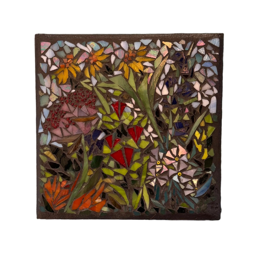 Glass Mosaic Summer Flowers On A Ceramic Wall Tile On A White Background                             