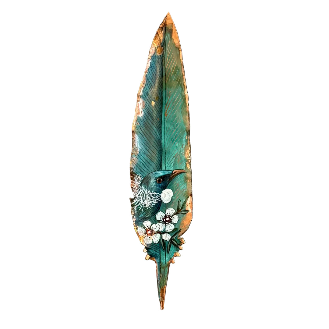 Copper feather wall art hand painted with a Tui bird on Manuka flowers against a white background.