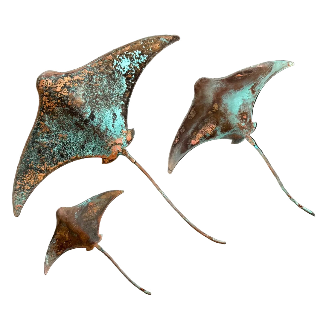 Three patina'd copper stingray wall sculptures on a white background