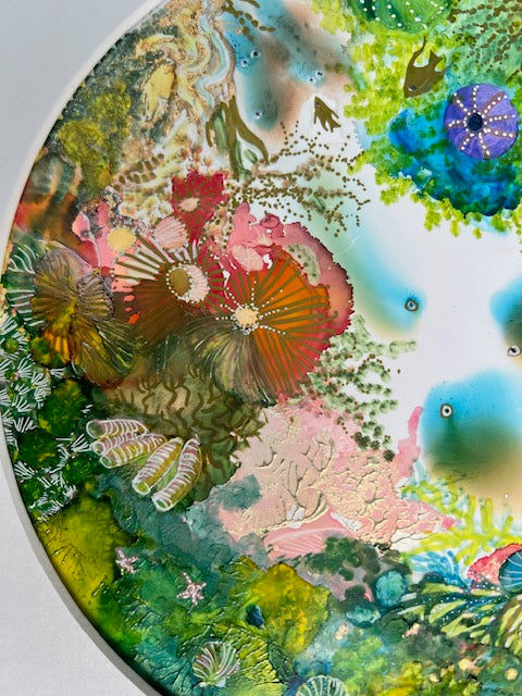 Colorful abstract painting with various shapes and patterns