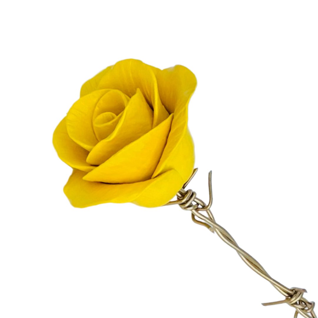 Yellow Ceramic Rose set onto gold painted barbed wire by Karron Cambell