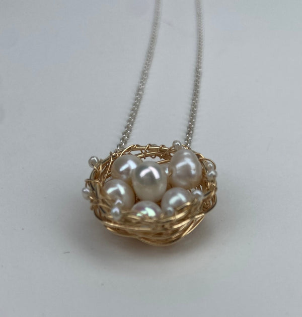 Silver and Gold Tui Bird Nest with Freshwater Pearls