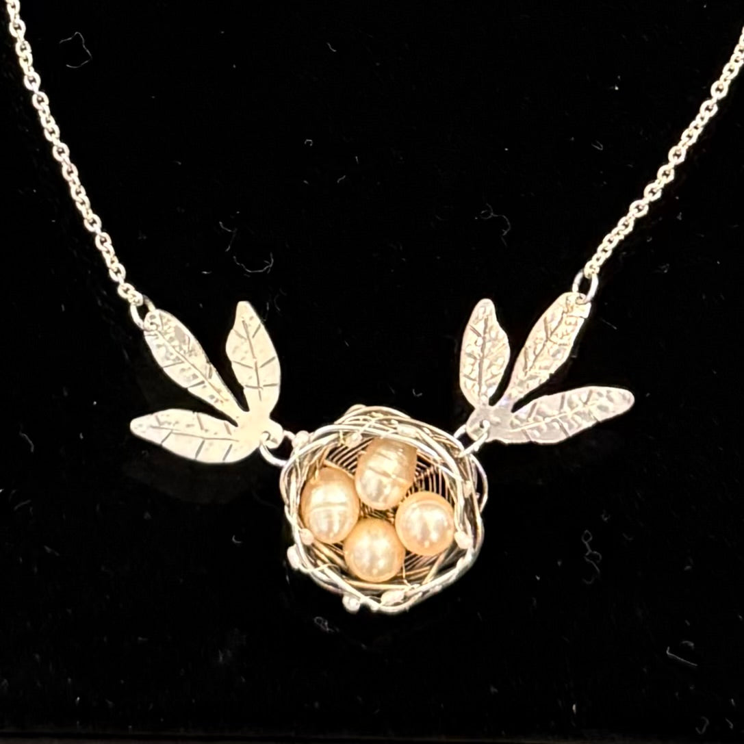 Nest Pendant | Silver Leaves With Freshwater Pearls