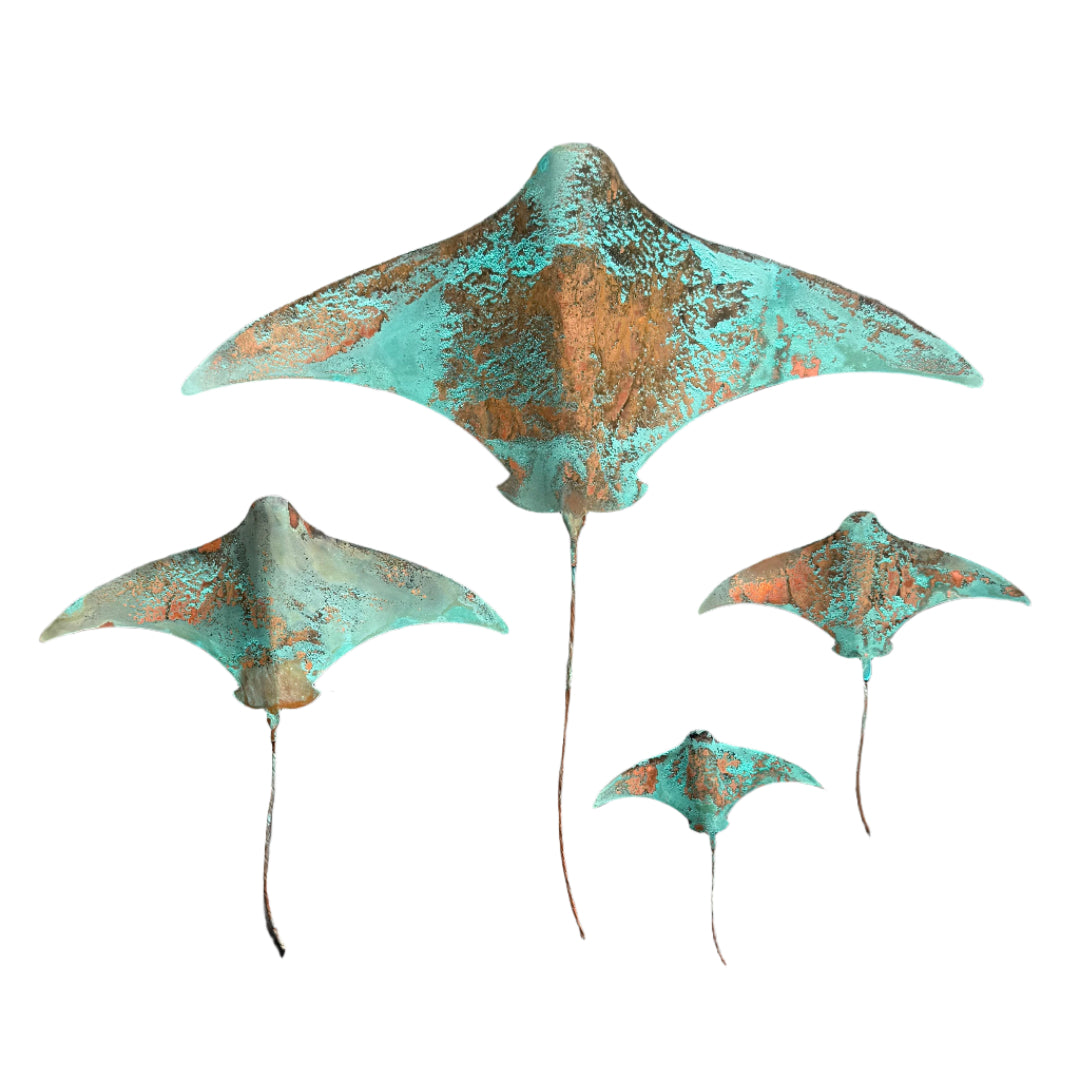 Set of four copper stingrays on a white background