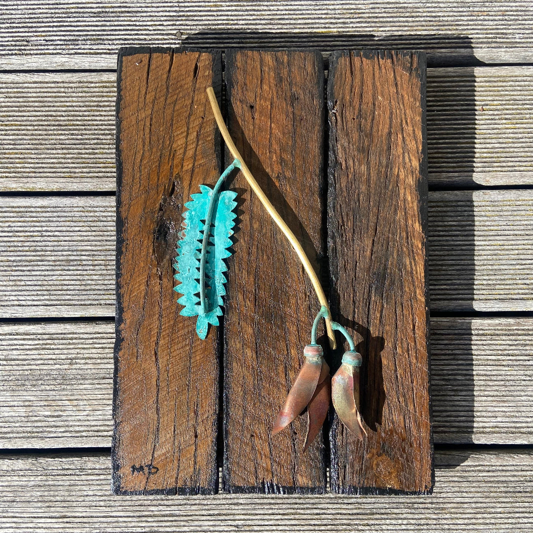 Kaka Beak | Patina'd Copper & Brass On Wood Wall Hanging